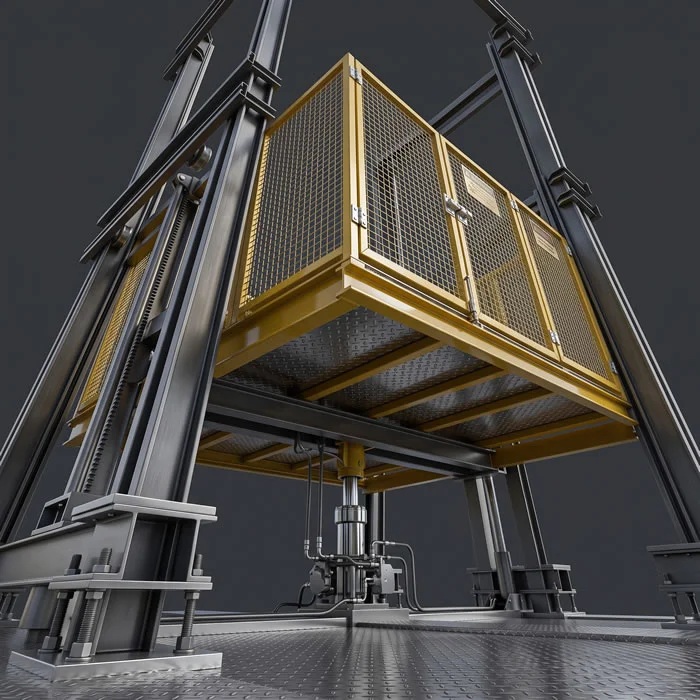 Conozca la plataforma elevadora industrial Fahenn vista desde arriba con cabina de carga segura; solicite asesoría para mover mercancías entre niveles en Bogotá, Colombia