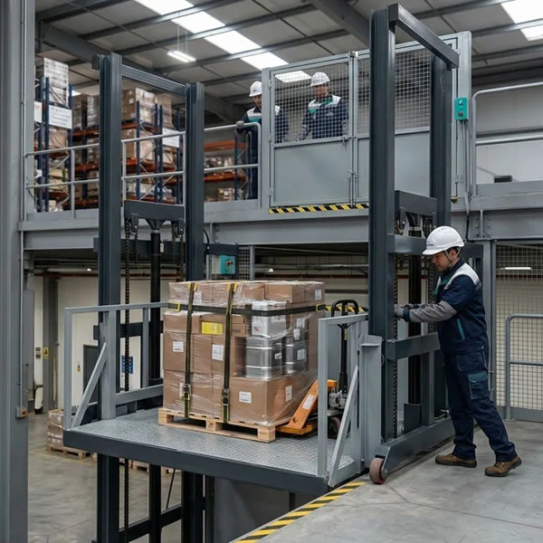 Ascensor industrial coordinando el flujo de mercancías entre producción, bodega y despacho para agilizar la elevación vertical en Bogotá y Colombia