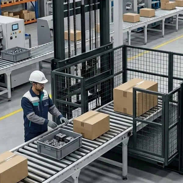 Elevador industrial integrado con bandas y estaciones de carga para conectar líneas de producción mediante intralogística eficiente en Bogotá y Colombia