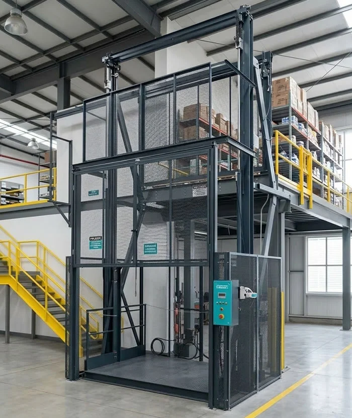 Proyecto de ingeniería de elevación industrial integrado a una operación real, con estructura, cabina y controles adaptados al espacio disponible en Bogotá, Colombia