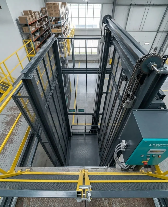 Plataforma elevadora industrial instalada en una bodega para conectar niveles y transportar mercancías mediante una estructura resistente y segura en Bogotá, Colombia