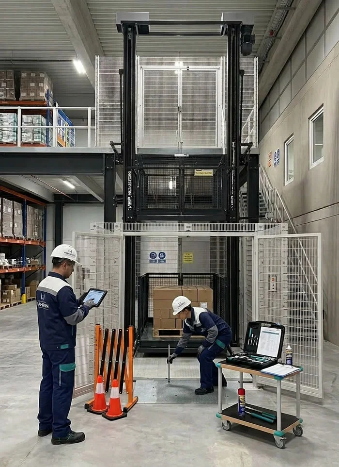 Técnicos especializados revisan una plataforma elevadora industrial con herramientas y tableta durante el mantenimiento programado de una bodega en Bogotá, Colombia