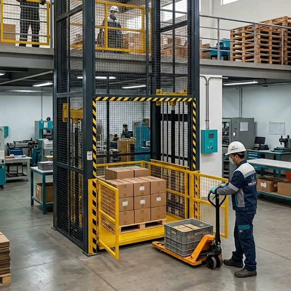 Fotografía de montacargas vertical fijo conectando áreas de producción, almacenamiento y despacho mediante un recorrido seguro con soluciones a medida en Bogotá, Colombia