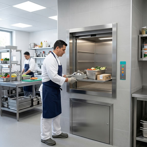 Fotografía de montaplatos compacto trasladando alimentos y productos ligeros dentro de un restaurante organizado y funcional con eficiencia comprobada en Bogotá, Colombia