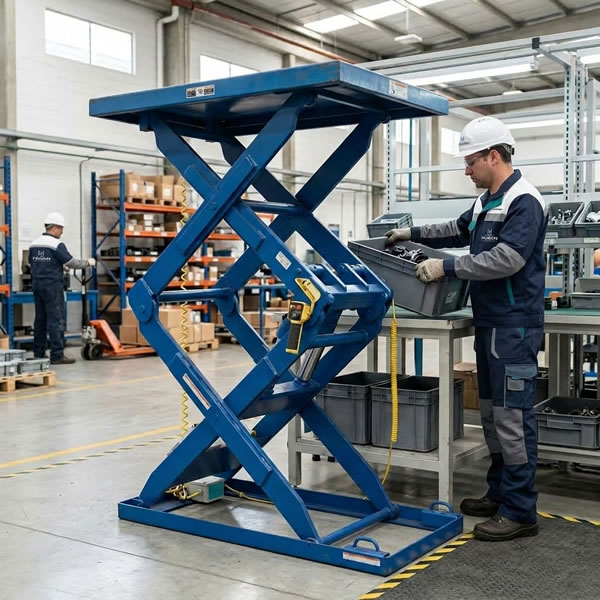 Fotografía de mesa elevadora de tijera posicionando materiales a una altura segura en una planta industrial para mejorar productividad y control total en Bogotá, Colombia