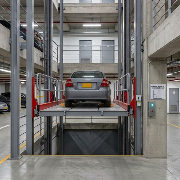Fotografía de elevador vehicular transportando un automóvil entre niveles dentro de un parqueadero moderno, compacto y seguro con asesoría experta hoy en Bogotá, Colombia